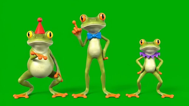 Three cheerful animated green frogs posing playfully with party accessories against a vibrant green screen, ready for fun and digital storytelling for various media projects