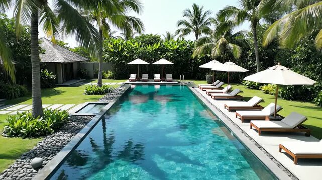 Luxurious swimming pool with lounge chairs and palm trees