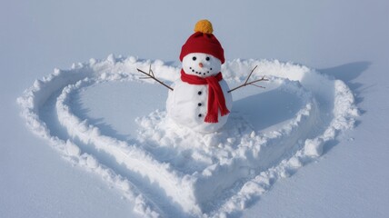 Fototapeta premium Snowman in heart shaped snow on winter day