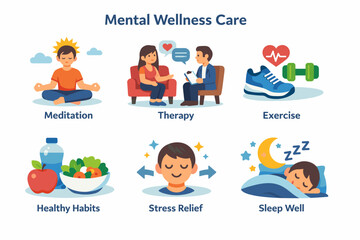 Mental wellness care: meditation, therapy, exercise, healthy habits, stress relief, sleep