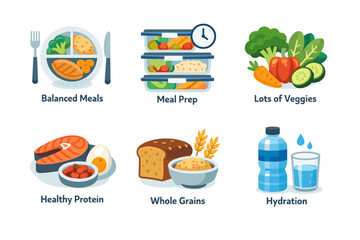 Balanced nutrition essentials: meal prep, veggies, protein, grains, hydration