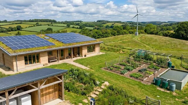 Aerial View of Eco House with Solar Panels on Green Roof and Wind Turbine Amidst Verdant Rolling Hills Under Bright Blue Sky