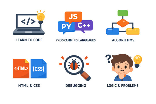 Coding concepts: programming languages, algorithms, debugging, html, and logic