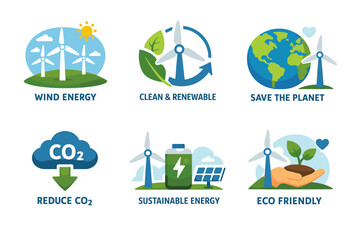 Clean energy symbols: wind turbines, eco-friendly concepts, renewable and sustainable icons