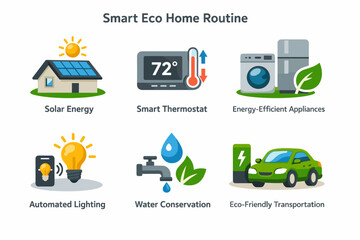 Smart eco home routine: solar energy, smart thermostat, efficient appliances, automated lighting