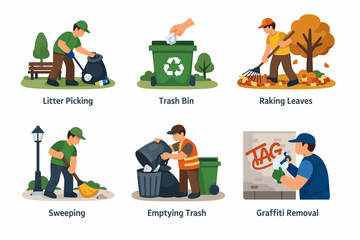 Illustrated scenes of outdoor cleaning activities and environmental maintenance tasks
