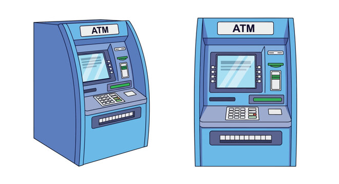 Two cartoon illustrations of modern atm machines with digital displays