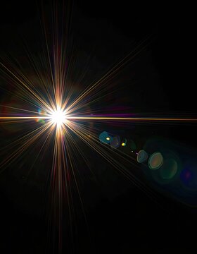 Brilliant white light bursts forth with vibrant starburst rays and visible lens flare artifacts against a deep black background.