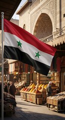 Vibrant syrian flag displayed in traditional middle eastern bazaar