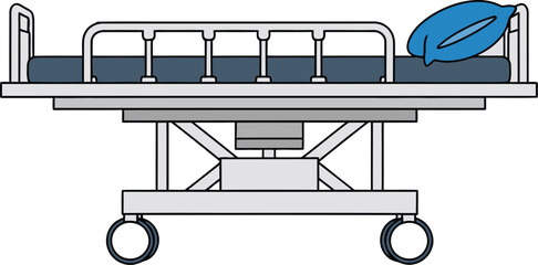 Minimalist flat vector illustration of empty hospital gurney with blue pillow medical scene Vector illustration