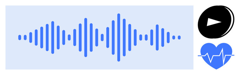 Obraz premium Audio technology, healthcare, sound analysis, data visualization, music therapy, fitness tracking. A digital soundwave next to a play icon and heartbeat symbol. Audio technology and healthcare
