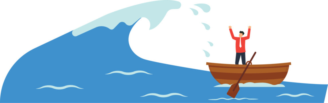 Businessman crisis facing danger huge wave business risk financial disaster overwhelmed man rowboat water corporate challenge economic downturn stressful situation panic emotion