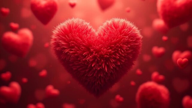 Luxurious fluffy red heart pattern symbolizing romantic warmth, love, sweetness and emotional comfort visually expressed 
