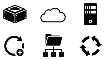 Set of technology and data processing icons representing cloud storage server structure and process