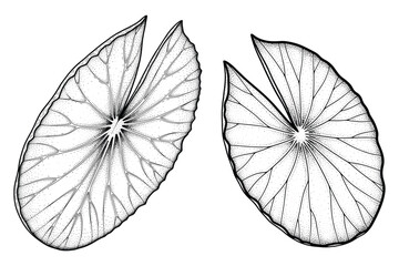 Two detailed engraved illustrations of large overlapping aquatic plant leaves isolated on transparent background