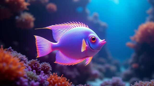 Futuristic neon royal angelfish glowing among colorful corals in vibrant cinematic underwater fantasy scene 
