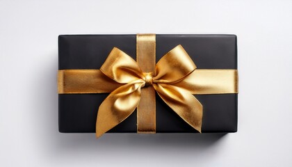 black gift box with golden ribbon and bow isolated on white background top view