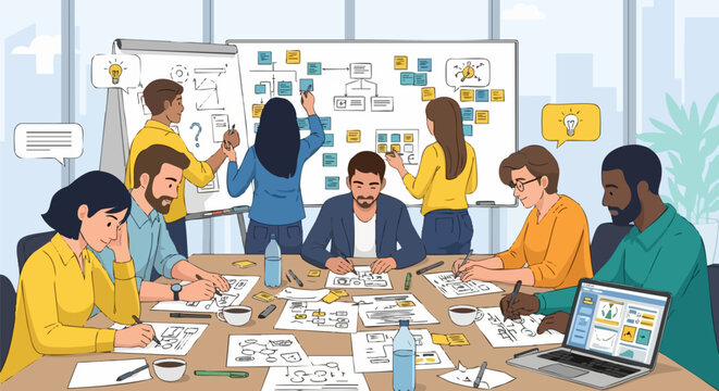 Diverse Business Team Brainstorming and Collaborating on Project Ideas in Office Meeting