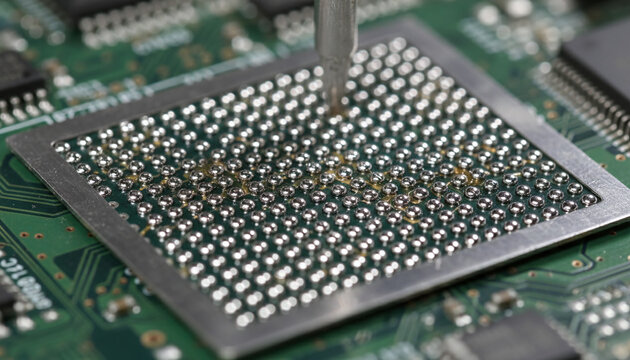 BGA chip reballing process with silver solder spheres on circuit board