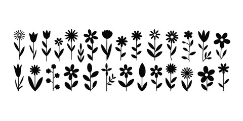 A collection of simple black silhouette floral illustrations arranged in a horizontal line