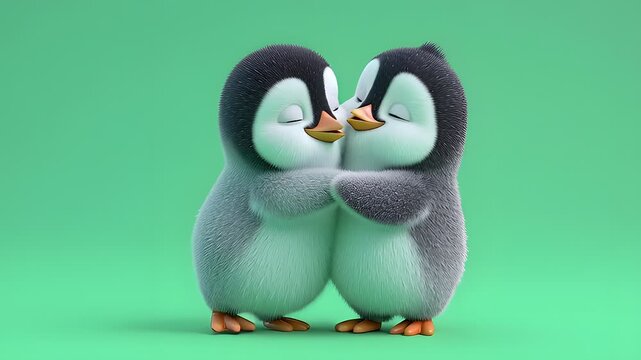 Cute cartoon penguins embracing each other in a loving gesture on a solid green background, representing affection and togetherness in a heartwarming animation style