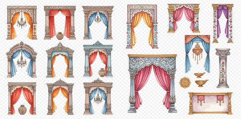 Naklejka premium Set of watercolor Indian arches with elegant curtains and chandeliers, isolated on transparent background.