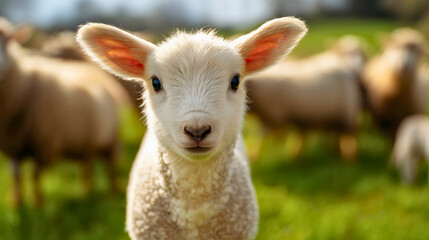 Obraz premium Portrait of a cute little lamb looking at camera, blurred flock in background, green grass meadow, spring farm animal, sunny day.