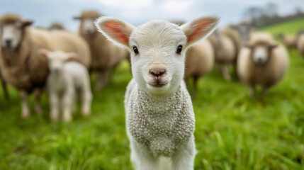 Obraz premium Little lamb looking forward with flock of sheep in background, green field landscape, spring season livestock, cute farm animal portrait, nature.