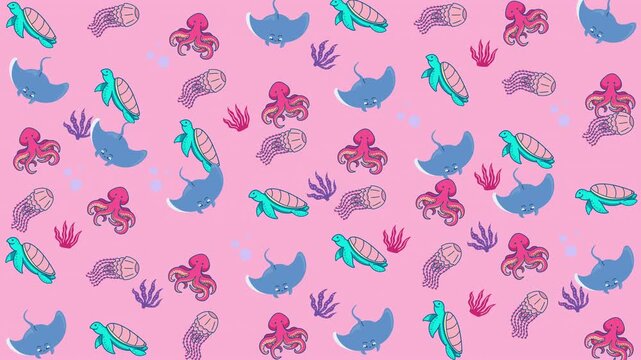 Pink background with octopuses, turtles, stingrays, and seahorses  perfect for underwaterthemed designs, childrens products, or marine conservation campaigns.