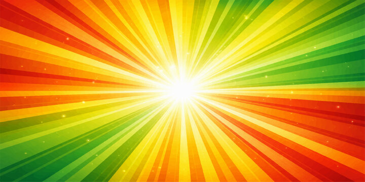 Vibrant abstract rainbow background featuring a bright summer sunburst with colorful orange rays and a sunny light explosion vector design