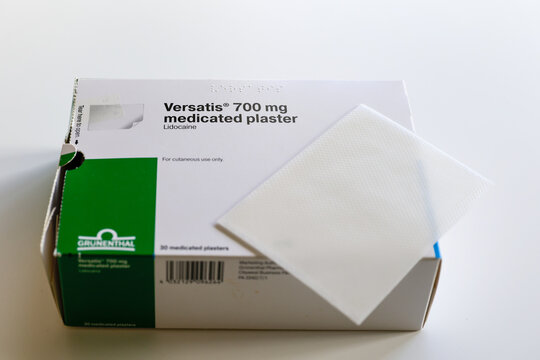 "Versatis" box and patch, 5% "lidocaine", manufactured by "Grunenthal" Pharmaceutical, are medicated self-adhesive plasters used to treat neuropathic pain associated with shingles infection. Ireland