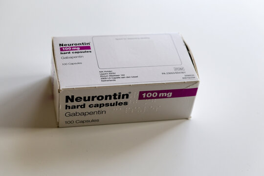 "Neurontin" box of anticonvulsant drugs "gabapentin", used to treat epilepsy (seizures) and neuropathic or nerve pain, manufactured by "Upjohn" pharmaceutical company. Ireland