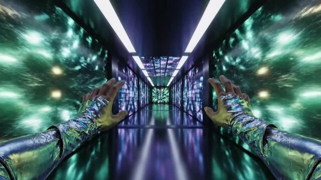 POV Shot Walking Through Corridor of Moving Illusionary Patterns in Surreal Visual Space