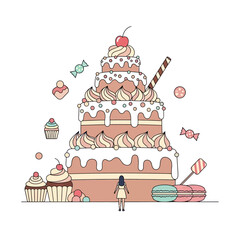 Whimsical Sweet Tower Cake with Cupcakes and Candies, Small Person Admiring