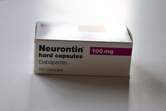 "Neurontin" box of anticonvulsant drugs "gabapentin", used to treat epilepsy (seizures) and neuropathic or nerve pain, manufactured by "Upjohn" pharmaceutical company. Ireland