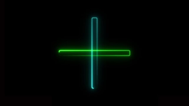 Glowing Neon Cross Sword Symbol in green and sine on Black Background