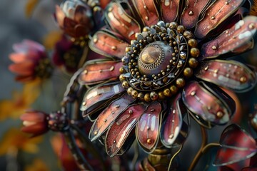 Metal flower sculpture showcasing steampunk aesthetics, blending intricate details with vibrant colors in a captivating floral display