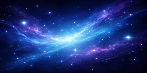 An abstract blue night sky background features a bright starry galaxy and fantasy nebula clouds across the dark outer space cosmos   © NUR 0.2