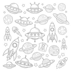 Space Elements Clipart Set with Planets and UFOs.