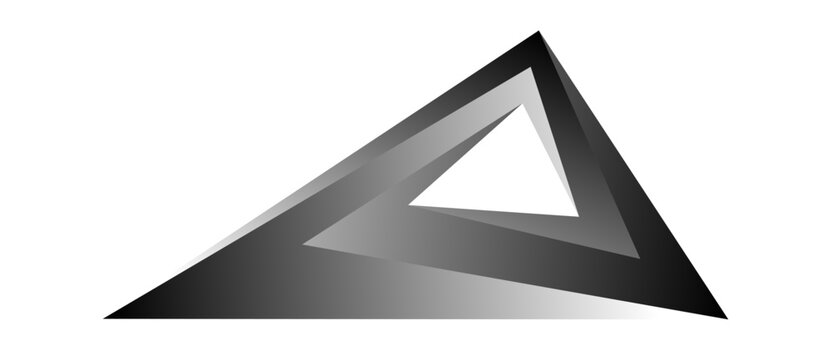 Impossible Penrose triangle in black, white, and gray gradients. Abstract geometric illusion with depth, perspective, and distortion. Conceptual visual art challenging spatial perception.
