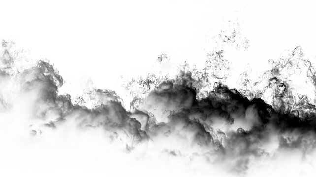 Dark smoke clouds rising on a white background during daytime showing texture and movement