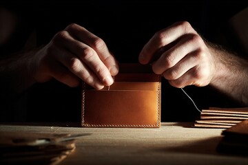 Craftsman makes leather wallet by stitching and shaping materials in workshop at night with focused light on work