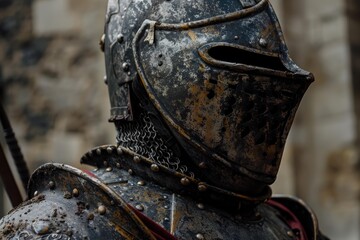 Close up of weathered medieval knight's helmet and armor, evoking a sense of history and battle