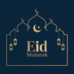 Golden mosque frame for eid mubarak celebration on navy background