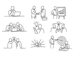 Business Teamwork One Line Art Illustration Set &ndash; Collaboration, Meeting, Strategy and Success Concept