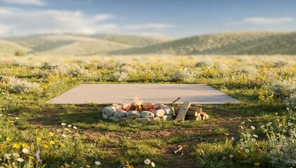 Obraz premium Bright open meadow tent site pad and fire ring centerpiece with blurred distant hills and scattered wildflowers enhancing the inviting outdoor space.