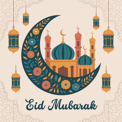 Eid mubarak greeting card with mosque floral moon and hanging lanterns