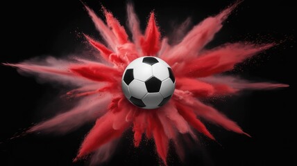 Fototapeta premium A classic black and white soccer ball surrounded by a vibrant explosion of red powder against a dark background, creating a dynamic and energetic sports visual.