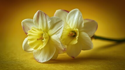 Fototapeta premium Two daffodil flowers with yellow centers sit on a flat surface with a warm yellow background creating a simple display