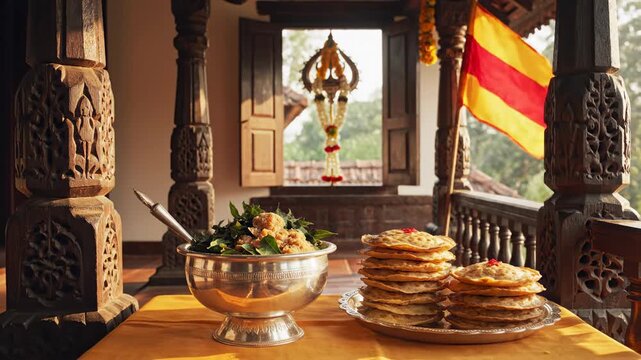 Traditional Indian Food Display Featuring Savory Dish in Silver Bowl and Sweet Stacked Pastries on Ornate Balcony with Garland Decoration and Flag